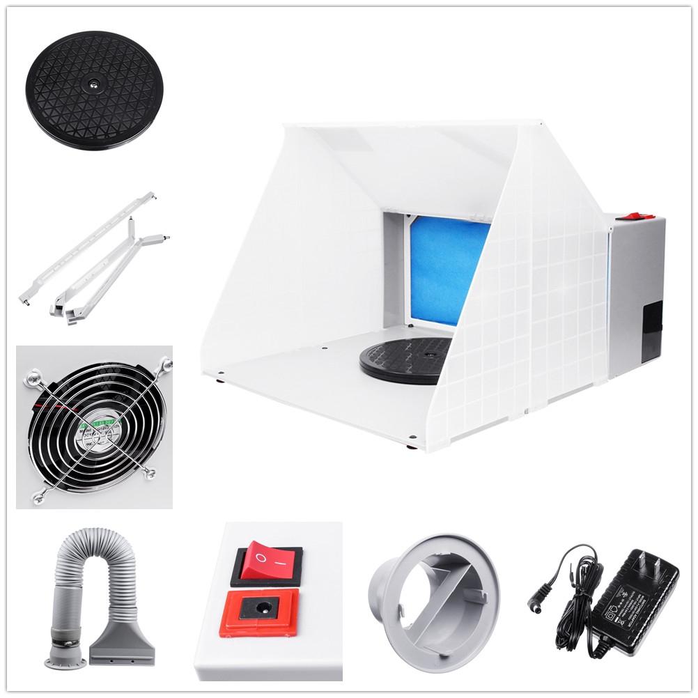 Airbrush Paint Spray Booth Kit Portable Exhaust Filter Extractor Fan Set Model Turn Table Fiberglass Filter Sponges LED