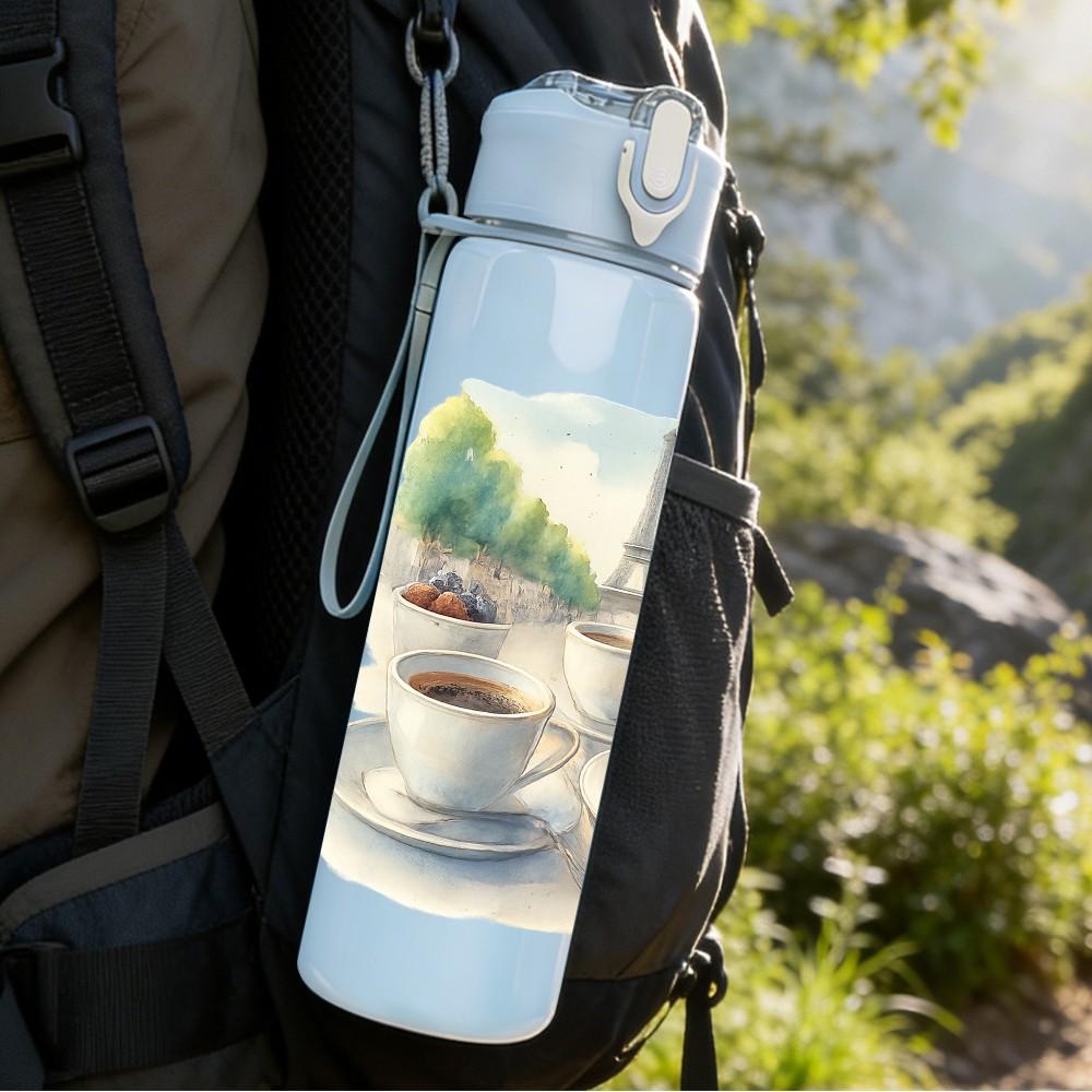 1PC Eiffel Tower Coffee Croissant 750ml Color Plastic Sports Water Bottle Leakproof Flip Straw Lid Suitable for Sports Office Home Use