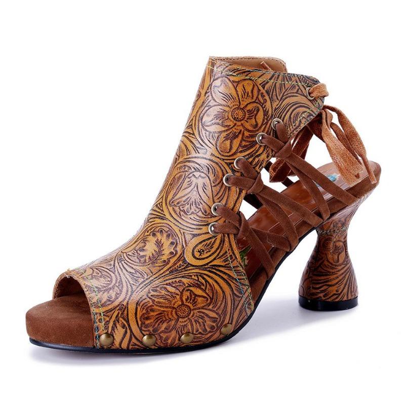 Fashion High Brand 7.7CM Sheepskin Leather Woman Ethnic Summer Chunky Heels Big Size Peep Toe Pumps Cross-tied Sandals Moccasins Shoes