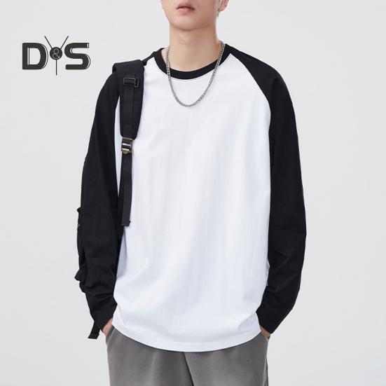 Men Spring Autumn T-shirt Color Matching Loose Round Neck Long Sleeves Pullover Top Casual School Sport Clothes