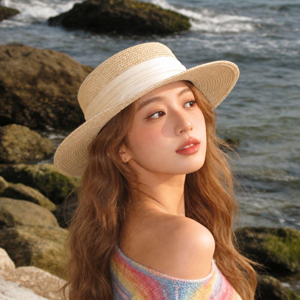 Fashion Wide Brim Summer Sun Hats UV Protection Ribbon Decor Flat Top Hat Versatile Adjustable Beach Hats for Women