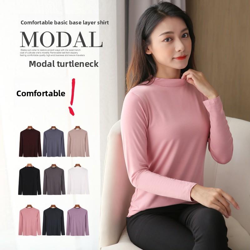 Solid Color Long Sleeve T Shirt For Women With High Neck And Spliced Design