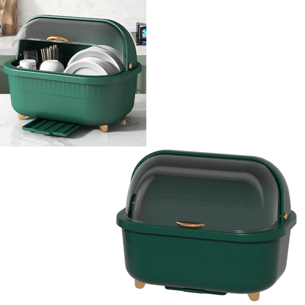 Dish Drying Box Multifunctional Space Saving Dish Drainer with Lid Cover for Kitchen Accessories Green M