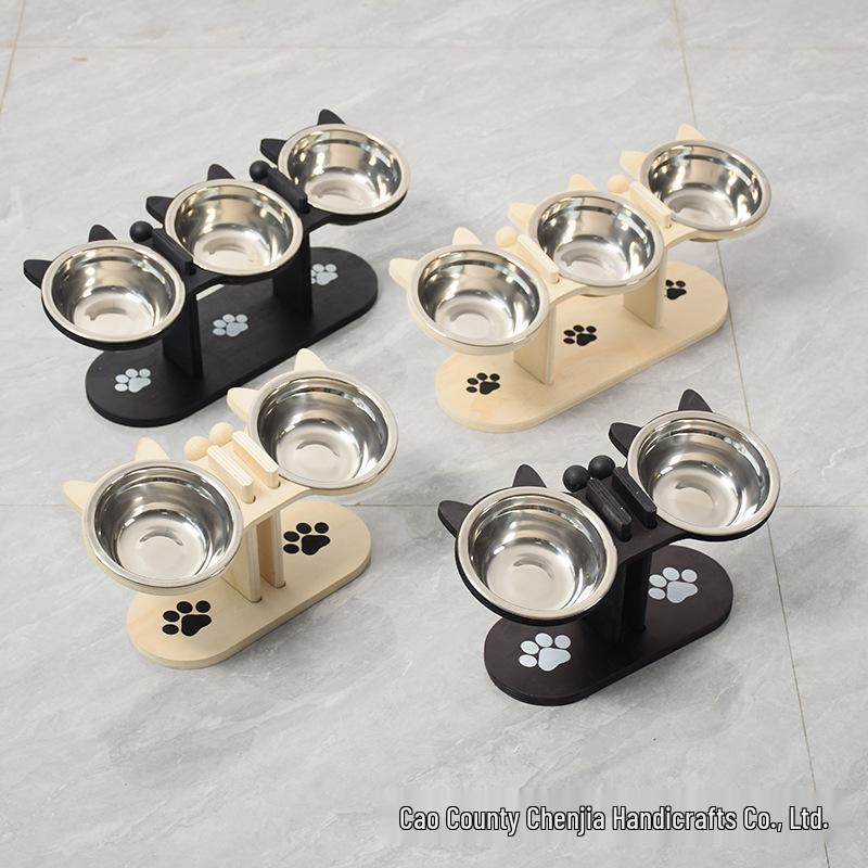 Slanted Wooden Pet Bowl Stand - Vertical Cat Feeder & Dining Table