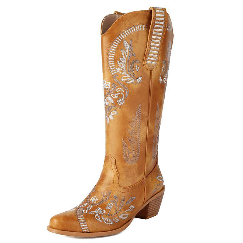 Fashion 2025 New Women Western Boots Square Toe Block Heels 5.5cm Slip on Embroidery Plus Size 43 Casual Knee High Bota