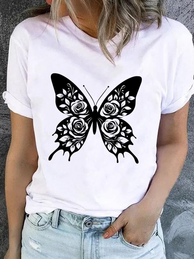 (Asian Size) Watercolor Flower Short Sleeve T-shirts Printed Clothing Lady Female Top Casual T Shirt Fashion Women Graphic Tee