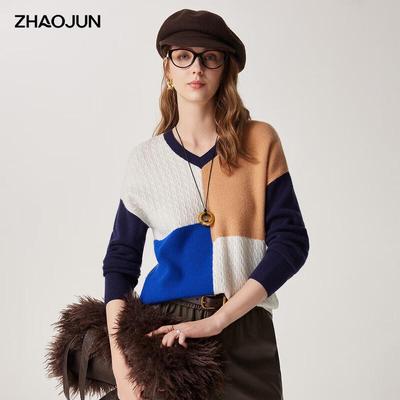 Zhaojun Women's 2026 Autumn/Winter Color-Block V-Neck Wool Sweater