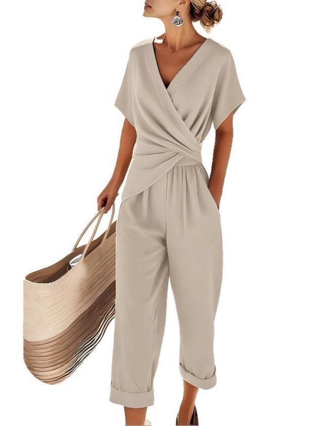 Women's European & American Summer Fashion Solid Color Irregular Short Sleeve Set