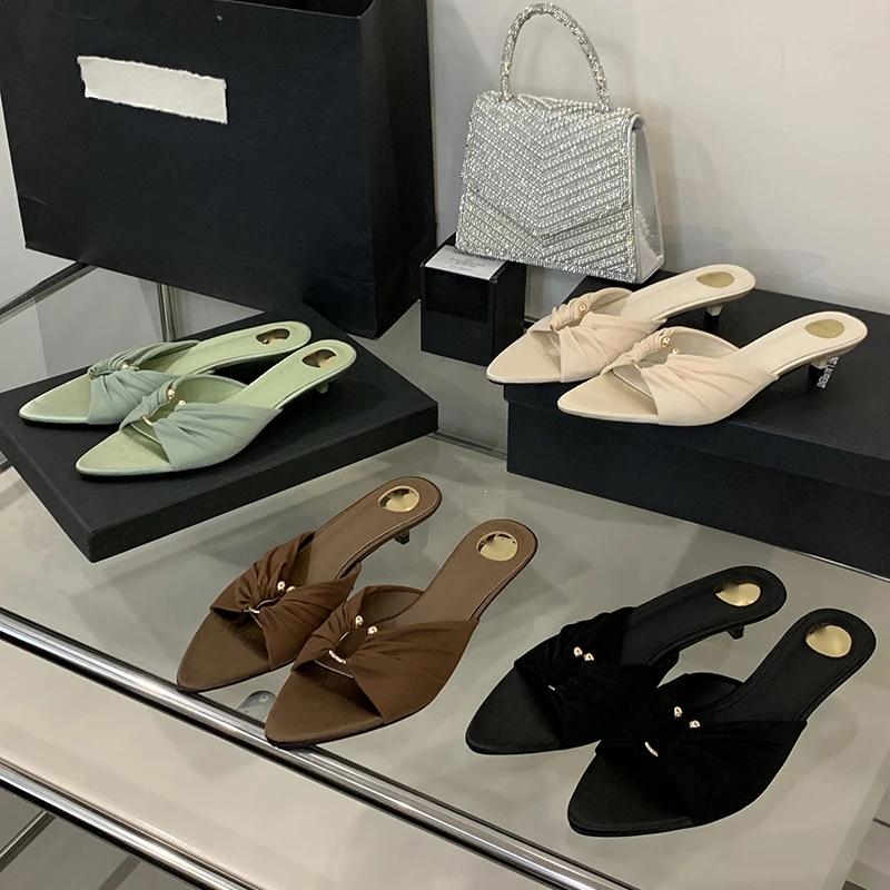 Mode Eilyken Modedesign Plissiert Ausgeschnitten Dünne Niedrige Absätze Damen Pantoletten Sommer Spitz Zehenbereich Partykleid Damenschuhe