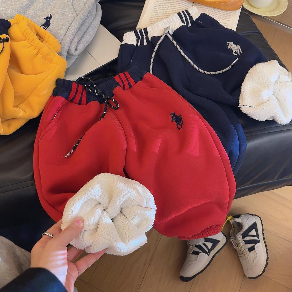 Kids' Unisex Korean Style Fleece Lined Embroidered Joggers for Autumn/Winter