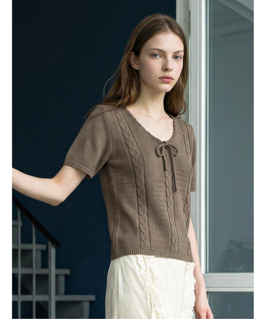 Poebeo21 Ribbon Neck Twist Short Sleeve Knit (Ftdbnt008)