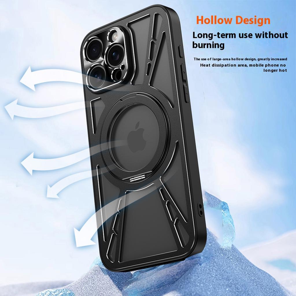 For iPhone 16 Pro Case Magnetic Kickstand Hollow Heat Dissipation Silicone+PC+Metal Bumper Phone Cover