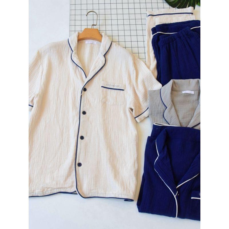 Japanese Single Summer Washed Pure Cotton Double-Layer Yarn Short Sleeve Pajamas Men Pure Color Loose All Cotton Gauze Home Wear Suit Women