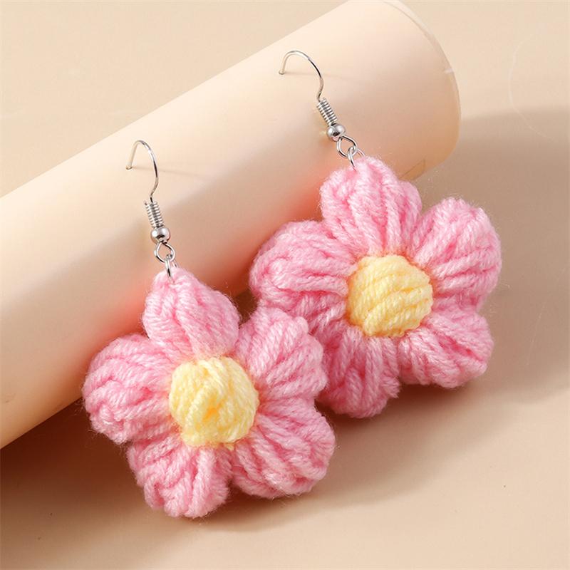 Fashion Colorful Flower Drop Earrings for Women Handmade Knitted Flower Dangle Hooks Earrings Girls Party Holiday Jewelry Gifts