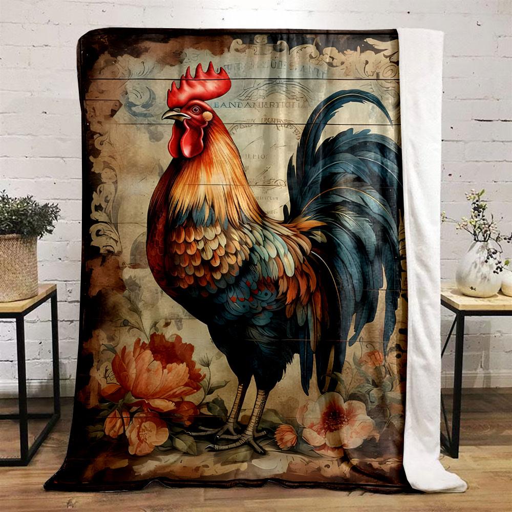Vintage Rooster Floral Blanket Bedroom Blanket for Livingroom Couch Lunch Break Soft Throw for Friend's Festival Gift