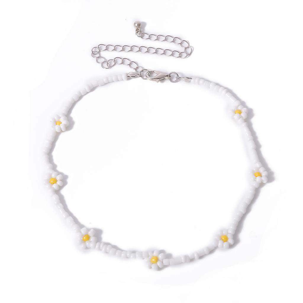 Bohemian Holiday Style Colored Rice Beads Beaded Necklace Female, Little Daisy Flower Collarbone Necklace