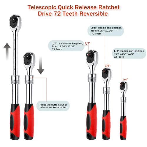3/8-inch Square Socket Ratchet Wrench, Telescopic Quick Release Ratchet Drive, 72-Tooth, Reversible Enlarged Handle