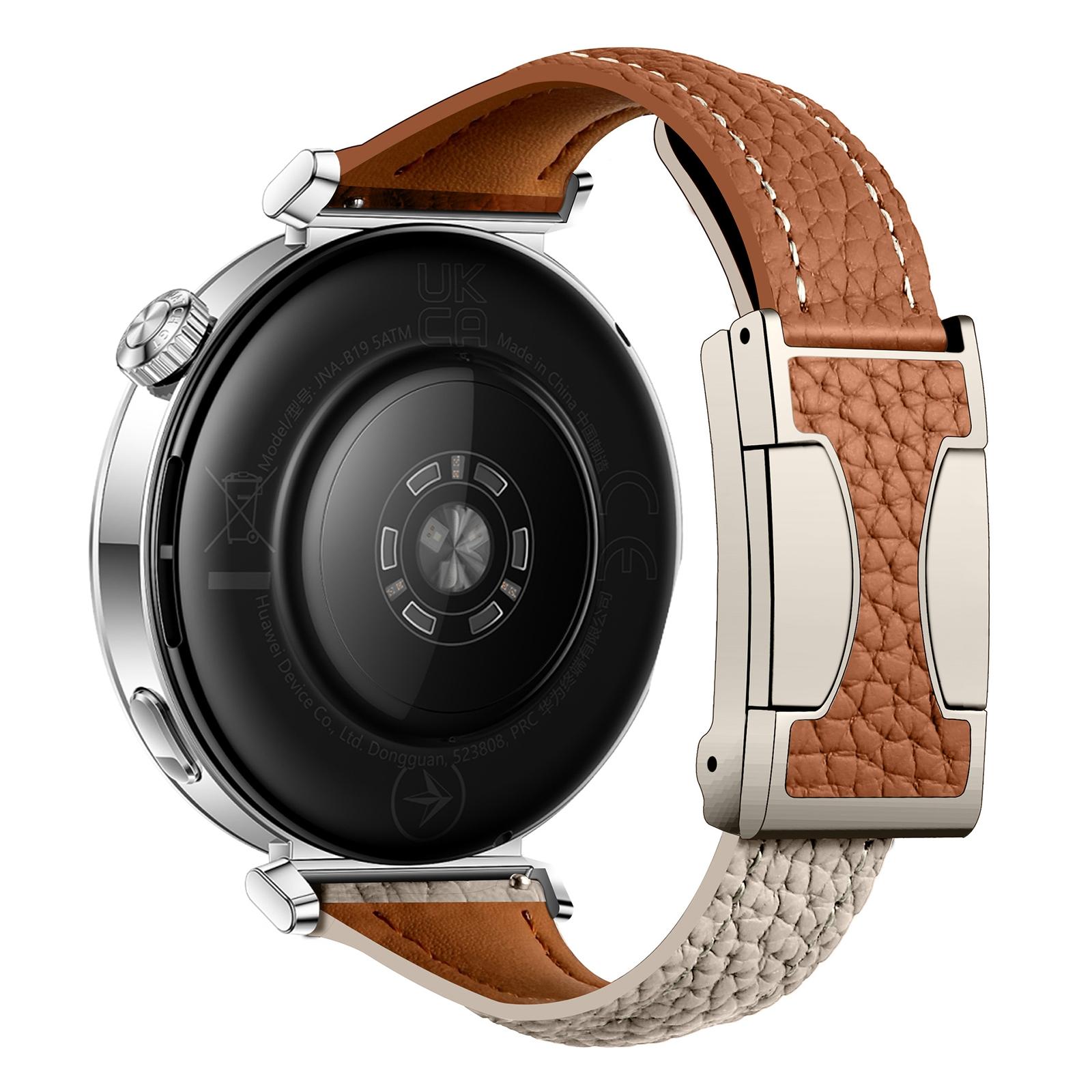 

20mm Genuine Cow Leather Strap for Samsung Galaxy Watch7 44mm/40mm/Huawei Watch GT 3 42mm Litchi Texture Magnetic Watch Band Brown+Light Grey