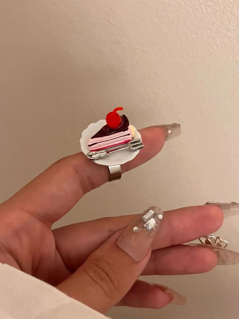 Fashion Hip Hop Design Cake Ring Cherry Chocolate Fruit Cake Afternoon Tea Ring Birthday Gift Accessories Cute Food Rings Girl