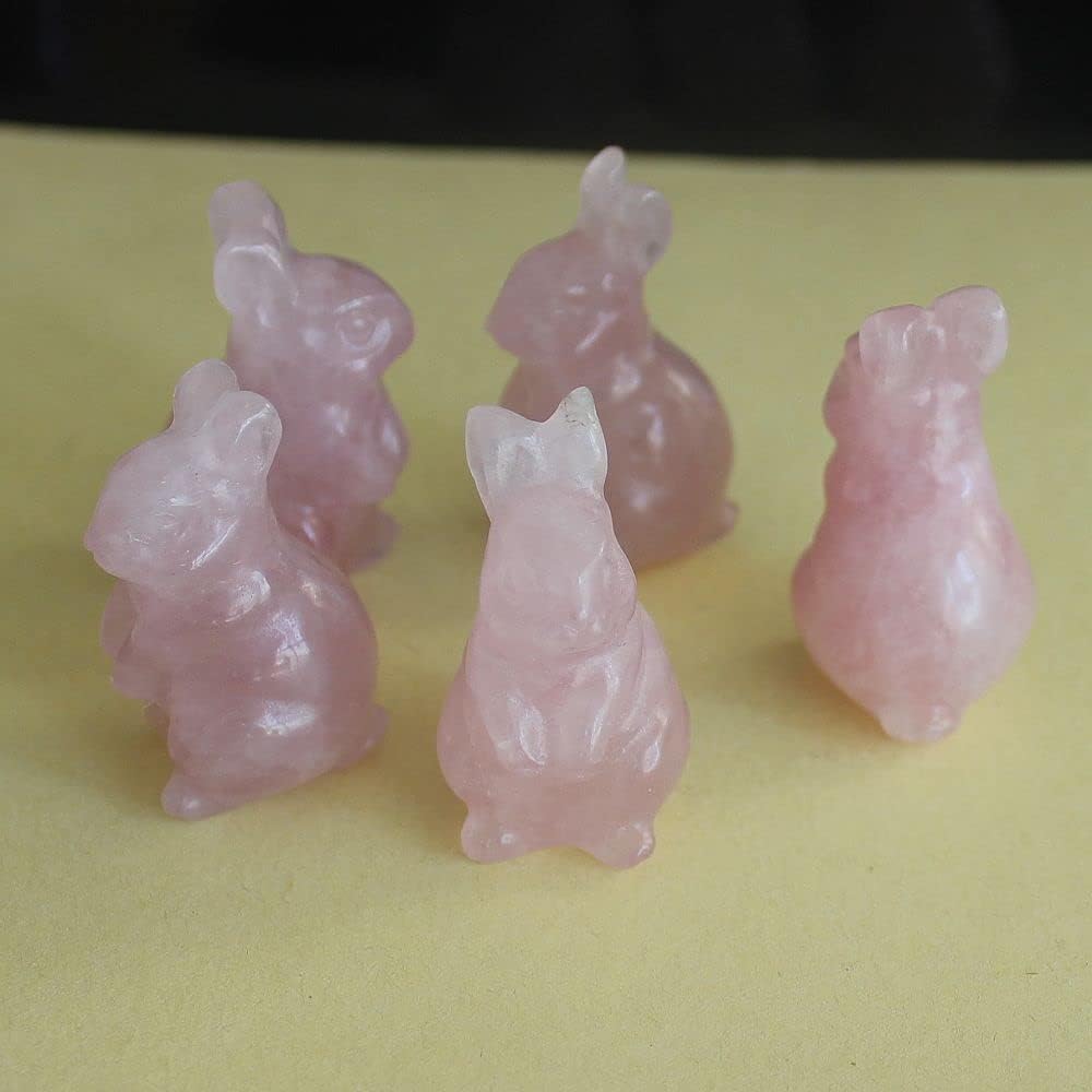 Cute Hand Carved Gemstone Crystal Rabbit Bunny Figurine Animal Carving Statue Home Decor 1.5'' (Rose Quartz)