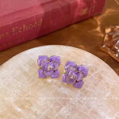 Brincos de Cravo de Flor de Esmalte Roxo para Mulheres Elegantes Flores de Gardênia Florescendo Brincos Festa de Casamento Doce Joia Presente