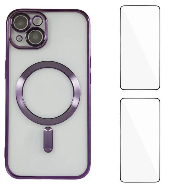 

For iPhone 13 6.1 inch Magnetic Case WANLONFENG Electroplated TPU Cover with Lens Film+2Pcs Tempered Glass Dark Purple
