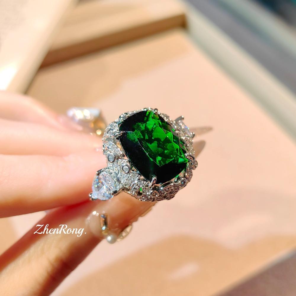 Elegant Open Ring Emerald Cultivated Gemstone Simple Versatile Pigeon Egg Diamond Ring for Women