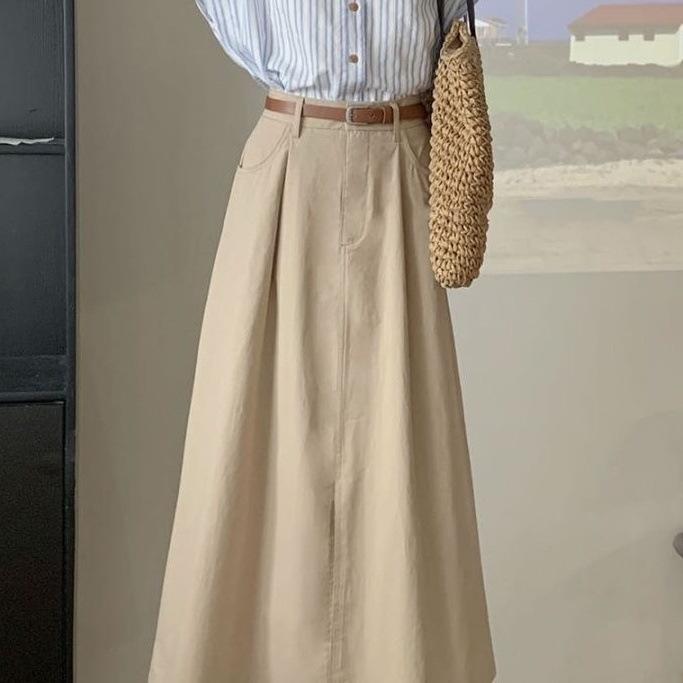 

Chic Summer Striped Polo & Skirt Set: High-Waist, Short Sleeve, Age-Defying Two-Piece S [Recommended 80-95 lbs]