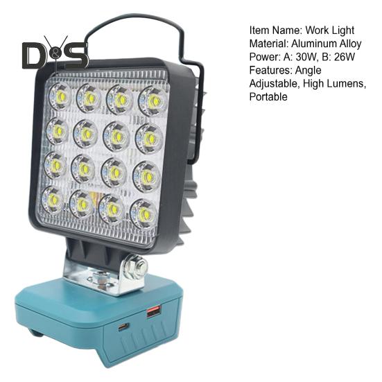 LED-Arbeitsleuchte mit USB-Schnellladeanschlüssen Typ C, robuste Aluminiumlegierung, winkelverstellbar, hohe Lumen, Außen-Notfalllampe, Scheinwerfer