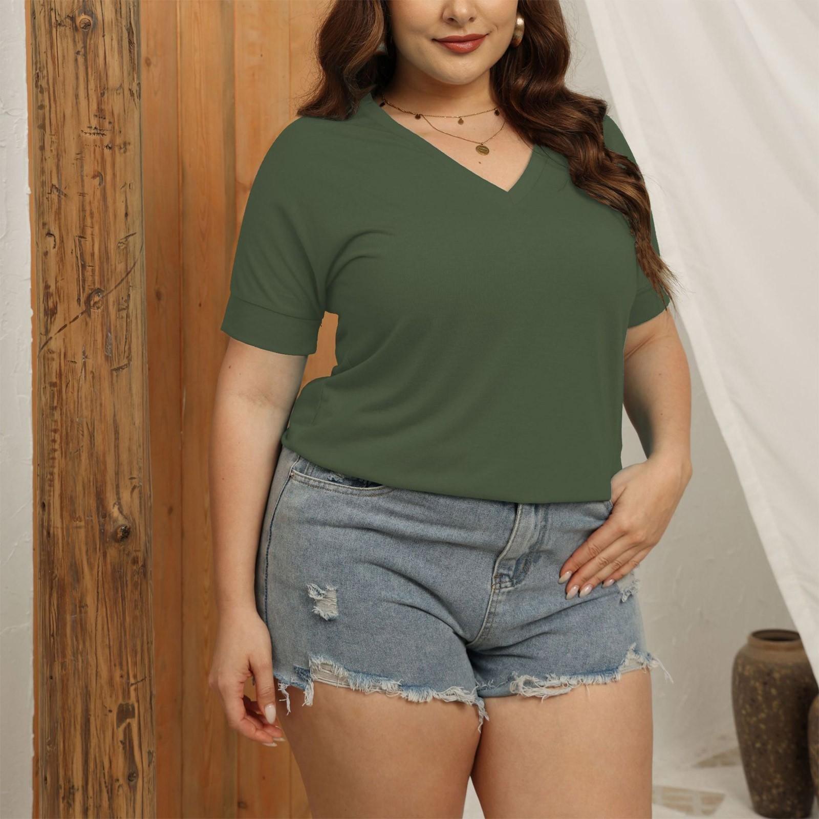 

Женская большая повседневная однотонная футболка с v-образным вырезом и коротким рукавом с разрезом по бокам XXL армия зеленый