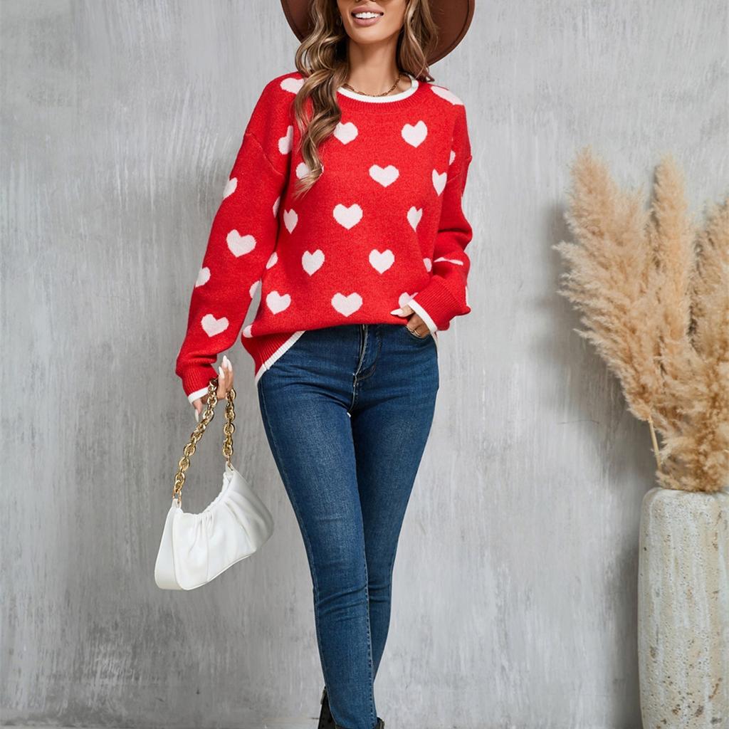 Women's Loose Casual  Fashion Round Neck Heart Sweater Knitted Bottoming Shirt Sweater