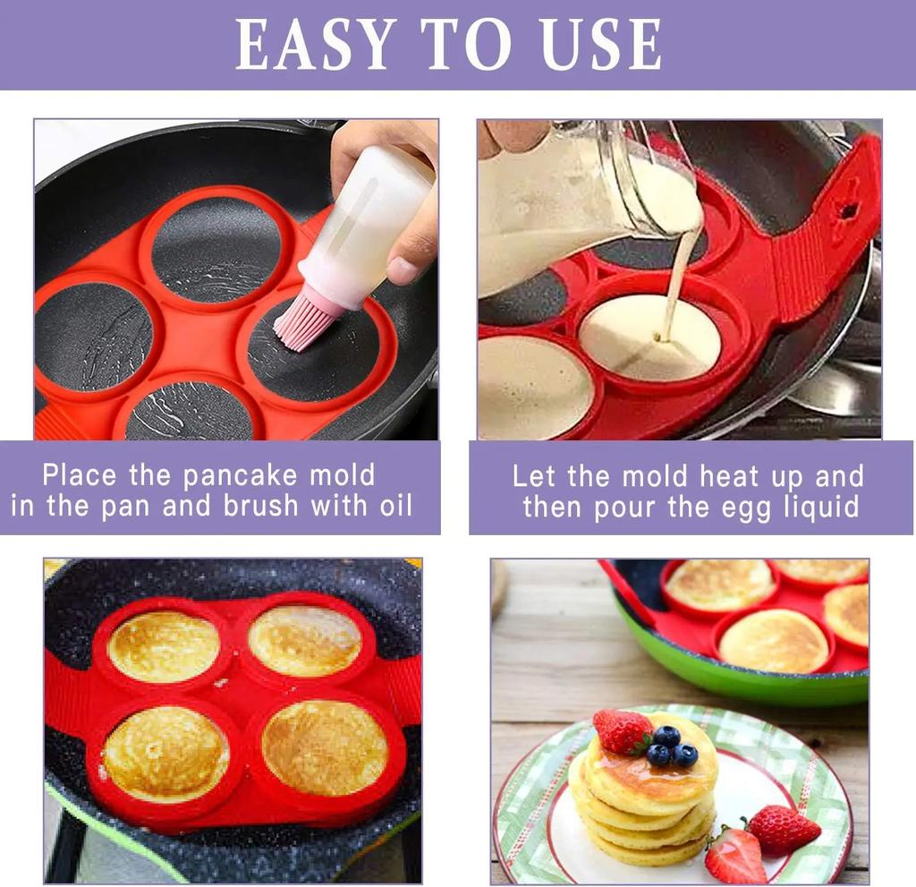Pancake Mold Multi-shaped Silicone Pancake Four-hole Omelette Maker Family Practical Silicone Cake Pancake Kitchen Baking Mold
