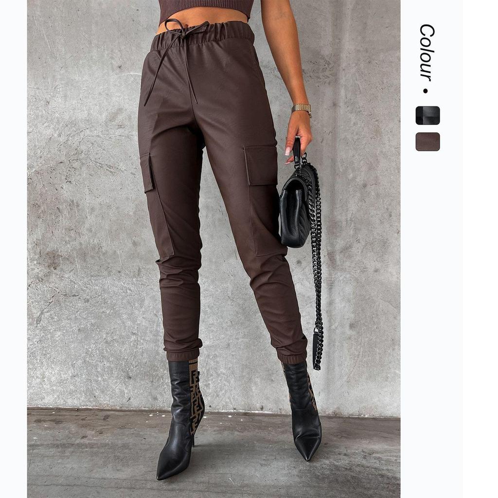 European & American Autumn/Winter Street Style Waist-Cinching Leather Drawstring Pants