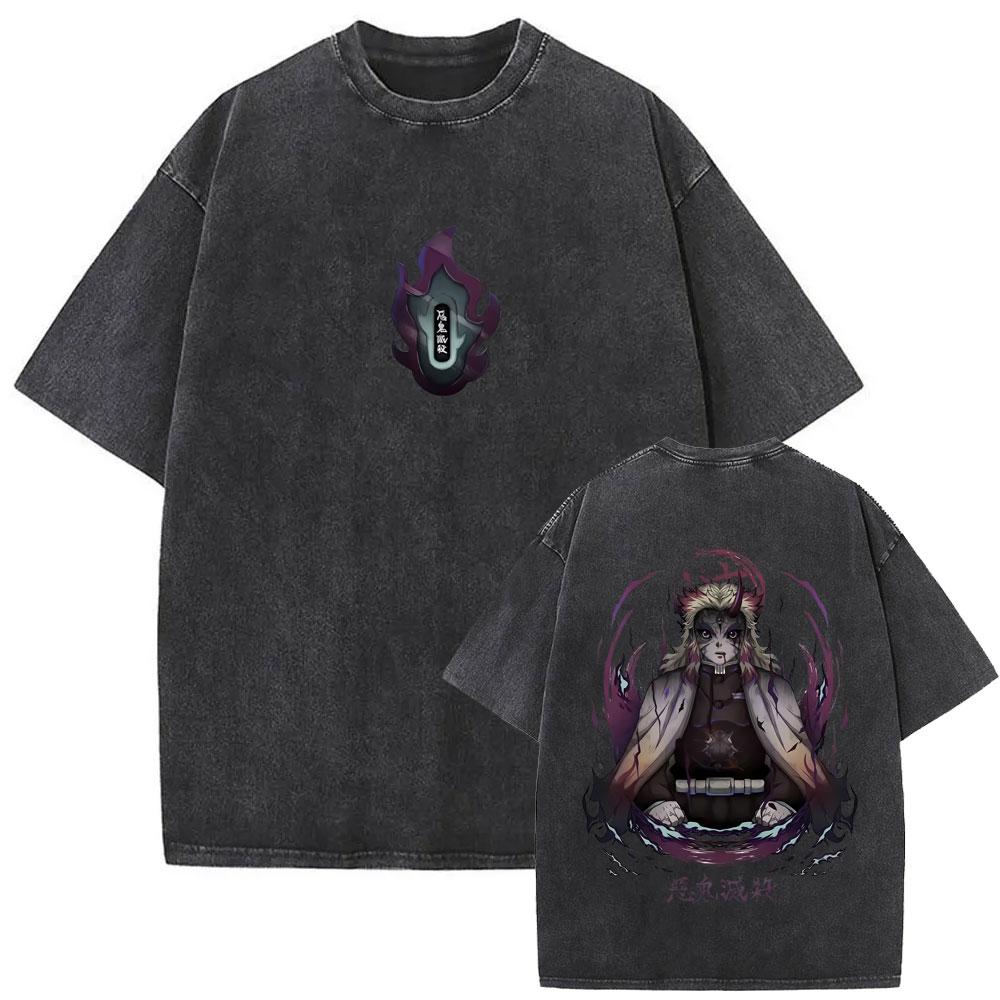 Washed Vintage Anime Demon Slayer Kokushibo & Tsugikuni Yoriichi Graphic T-shirts Men Women Cartoon Oversized T Shirts