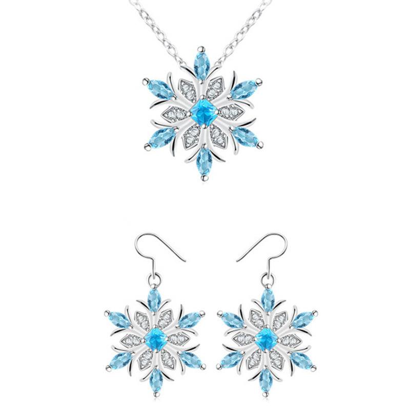 New White Gold Aqua Blue Snowflake Necklace Christmas Series Earrings 60CM