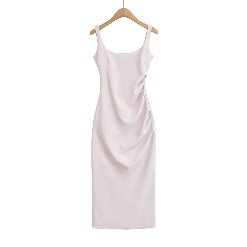 Elegant 2026 French Slim-Fit Backless Midi Dress for Women – Flattering Ruched Waist, Hip-Lifting Style in Mid-Length.