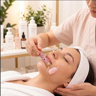 Natural Jade Stone Roller Massager Rose Quartz White Jade Face Roller Gouache Guasha Scraper Set Facial Lifting Massage Tools