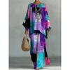 16 European and American artistic sense abstract graffiti cotton and linen set, round neck bat sleeve top + wide leg pants loose two-piece set