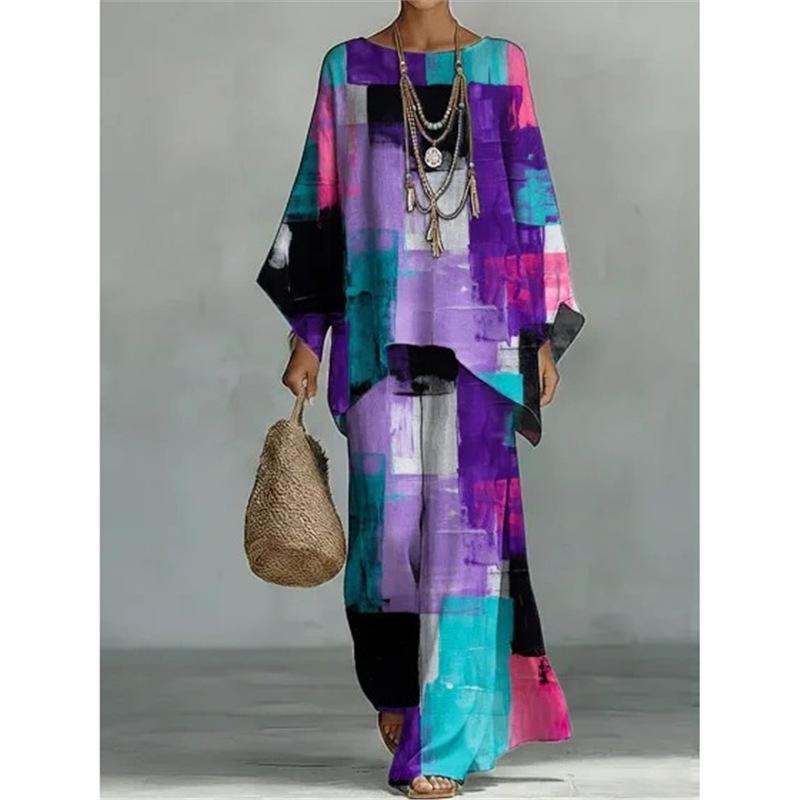 16 European and American artistic sense abstract graffiti cotton and linen set, round neck bat sleeve top + wide leg pants loose two-piece set