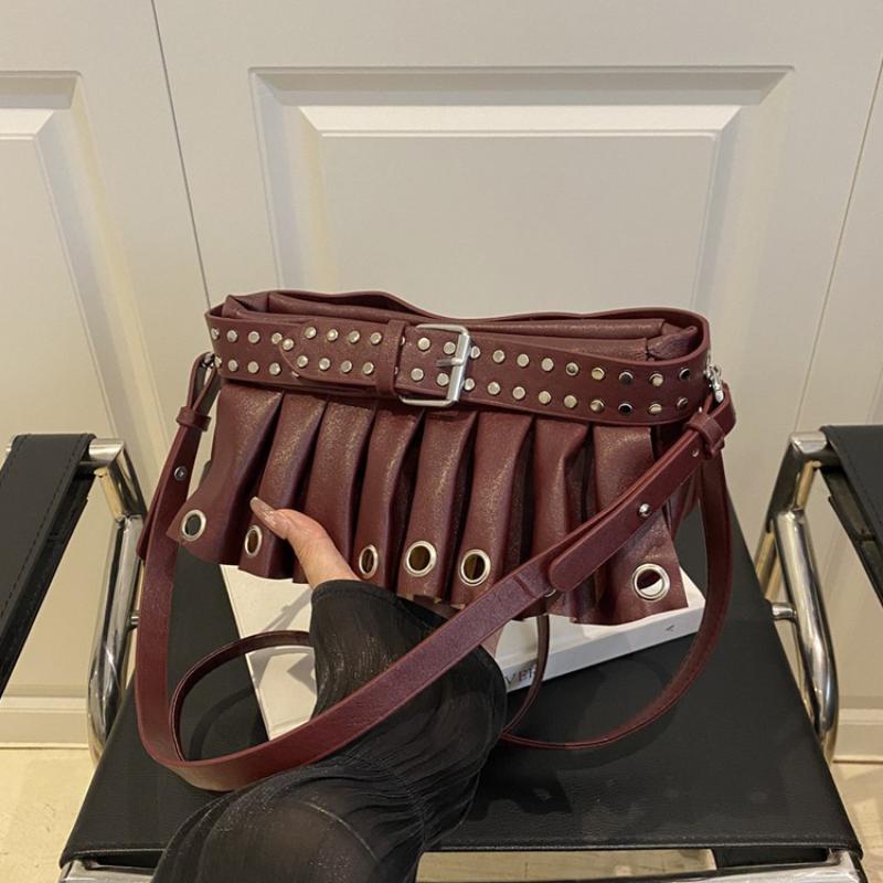 Fashion Y2k Studded Shoulder Bag Ruffled Skirt Belt Buckle Design Women Exquisite Versatile Handbag Cool Metallic Crossbody Bag