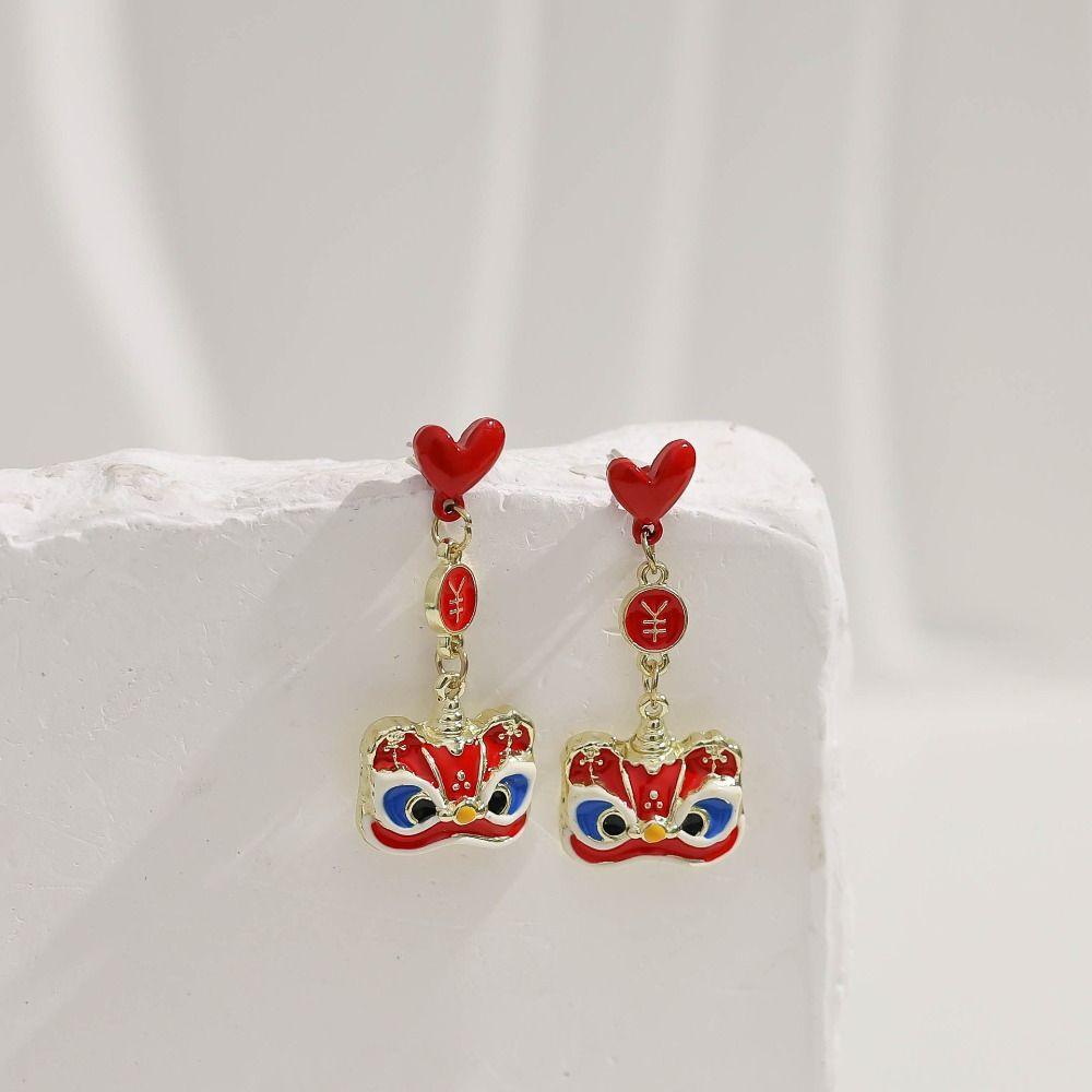 Cartoon Lion Dance Earrings Set Good Luck Bell Ear Studs New Year Earrings  New Year Gift