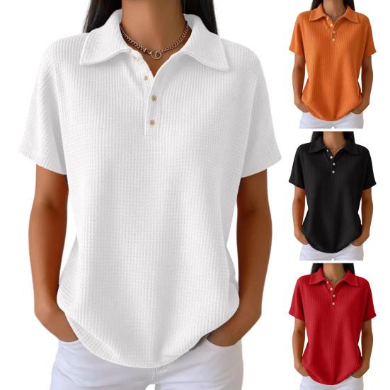 Women Tops Lapel Short Sleeve Buttons Half Placket Shirt Tops Pure Color Waffle Texture Regular Fit Casual Shirt Home Dates Versatile Wear