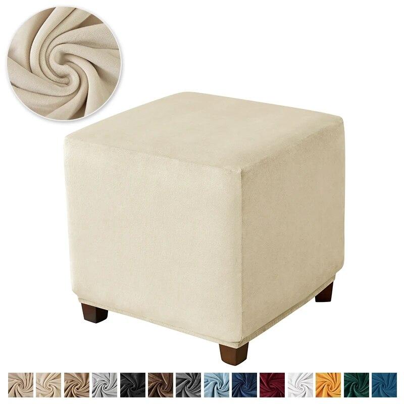 Velvet Square Ottoman Cover Soft Elastic Footrest Stool Slipcover Furniture Protector for Living Room