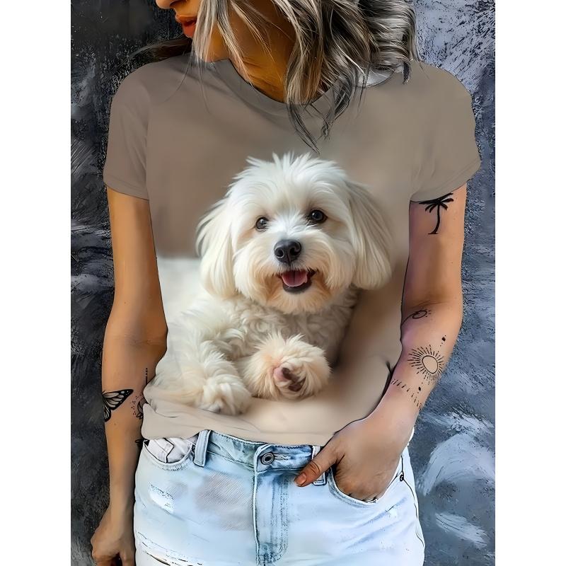 Cartoon Cat Dog Pattern T-Shirt For Women Fun Animal 3D Printed T Shirts Fashion Round Neck Casual Short Sleeve Loose Tees Tops