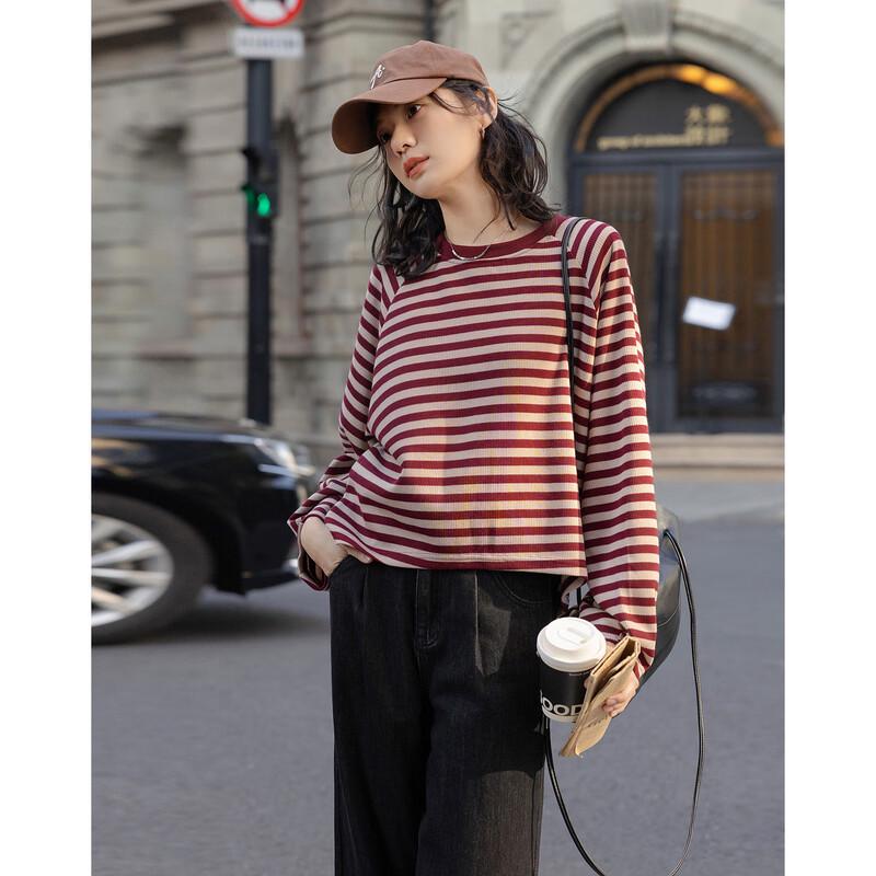 Demana Women's Retro Striped Round Neck Sweatshirt
