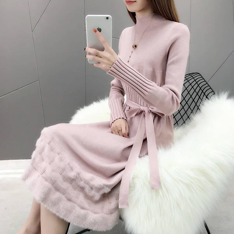 

Pofulove Женское платье-свитер длиной до колена с полувысоким воротником, черное платье с бархатным поясом, юбка принцессы XXXL