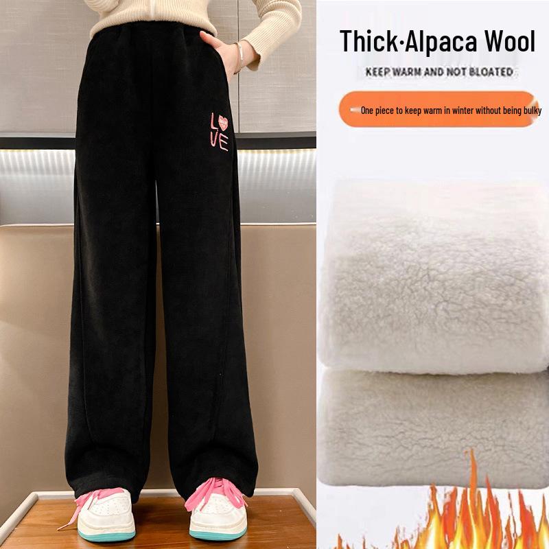 

2025 Зимние Девочки Корейский Стиль Вышивка LOVE Альпака Флис Широкие Толстые Брюки Over 1000 pieces чёрный