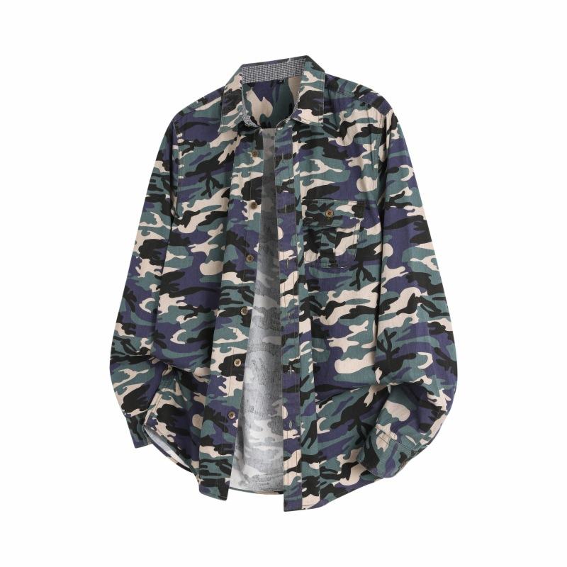 Jesienna męska bawełniana koszula z długim rękawem w kamuflażu Męska casualowa luźna koszula kurtka