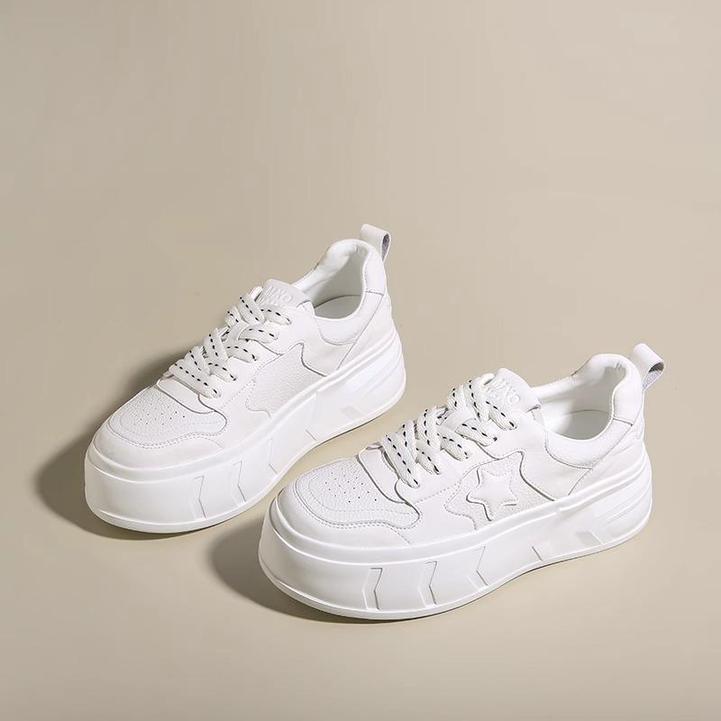 Genuine Leather Platform Sneakers Women's Spring and Summer New Versatile Star Pattern Sneakers White Shoes Women's Shoes
