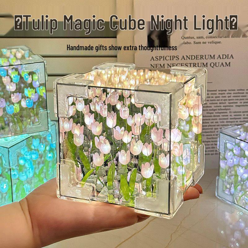 Handmade Rubik's Cube Tulip Night Light - Perfect Birthday or New Year Gift for Girls and Girlfriends